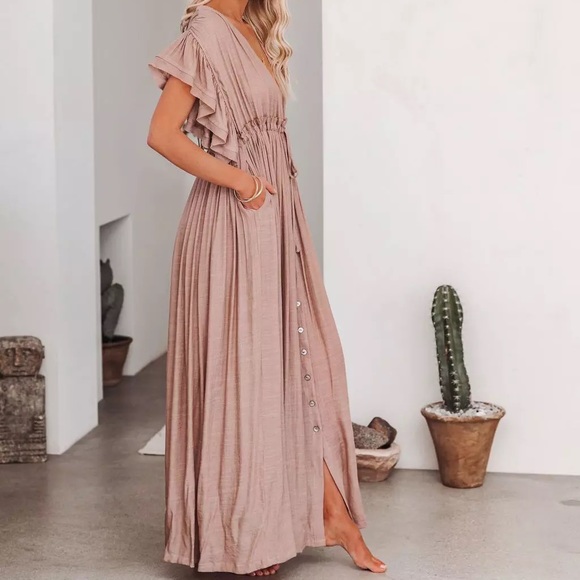 Muted Mauve Boho Gauze Boho Button Flutter Sheer Maxi Dress W/Adjustable Tie - Picture 5 of 7